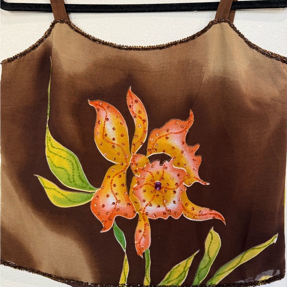 Vintage Midnight Velvet Beaded Floral Satin Camisole Top Brown Y2K Fairycore S - Picture 3 of 10